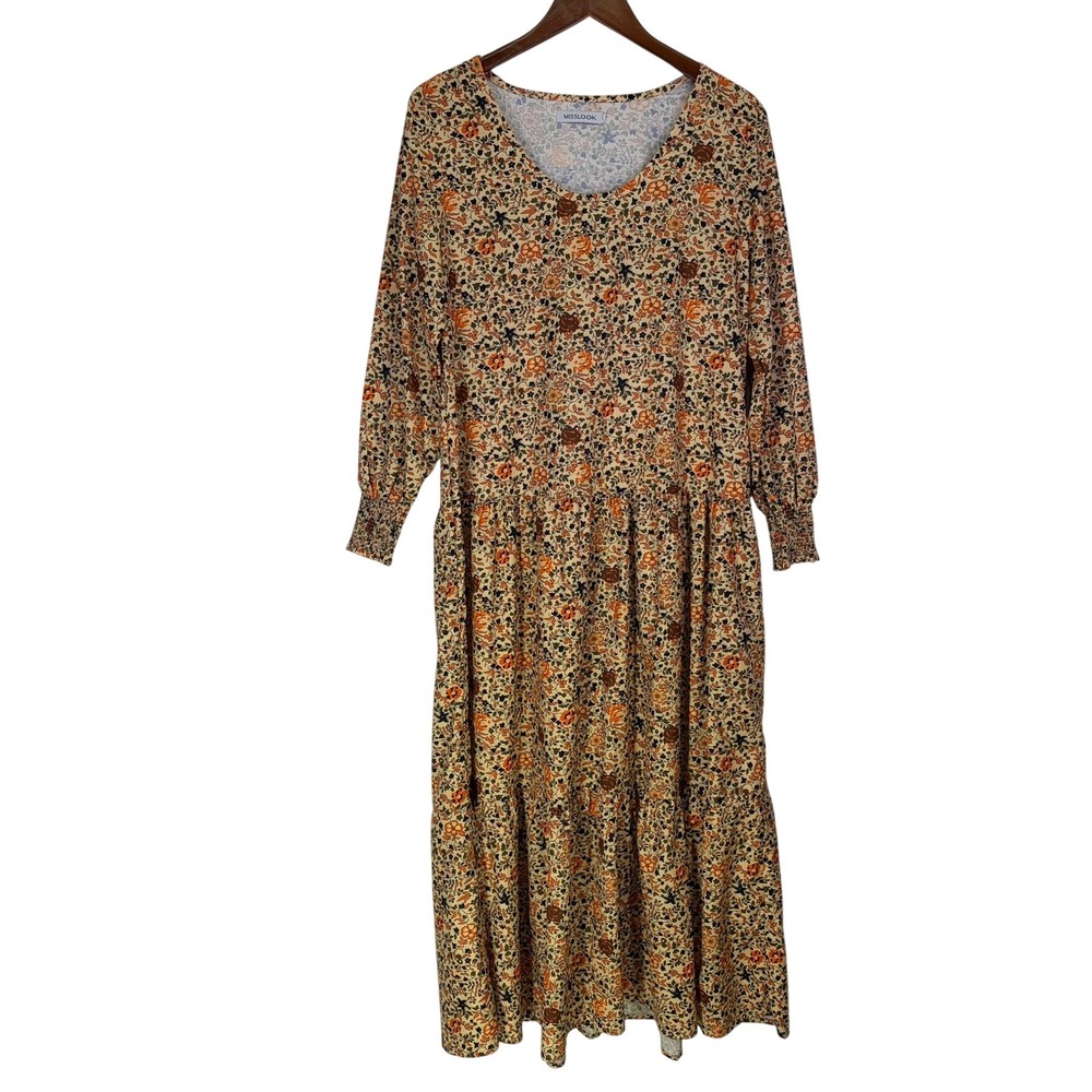 MISSLOOK Floral Maxi Dress Womens S Orange Tiered Smocked Peasant Prairie Boho
